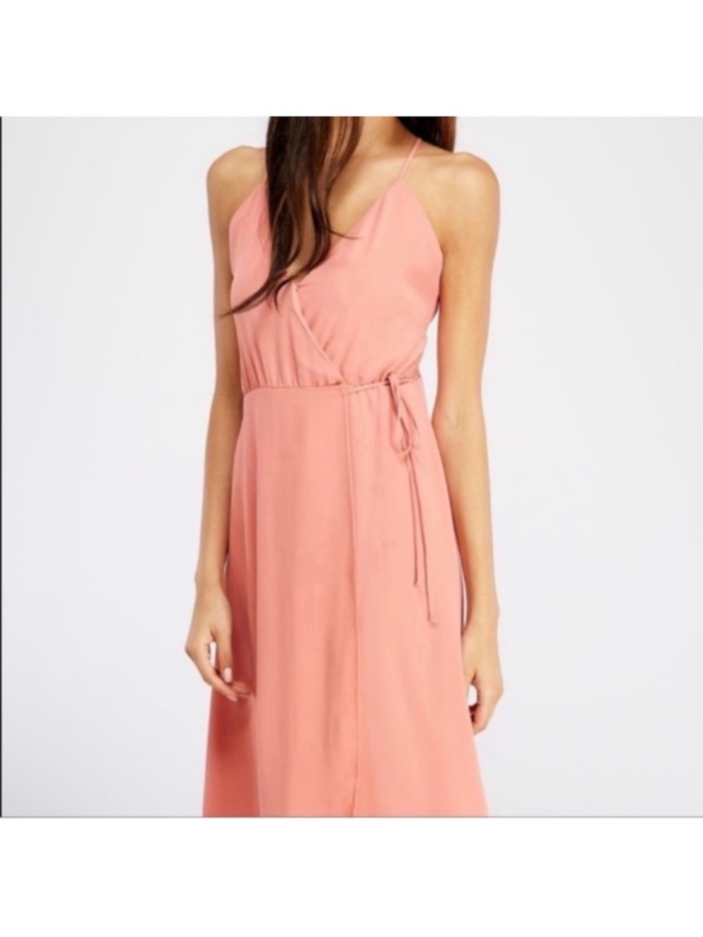 Hommage Wrap Midi/Knee Length Dress Sz L Salmon Peach Spaghetti Strap Flared